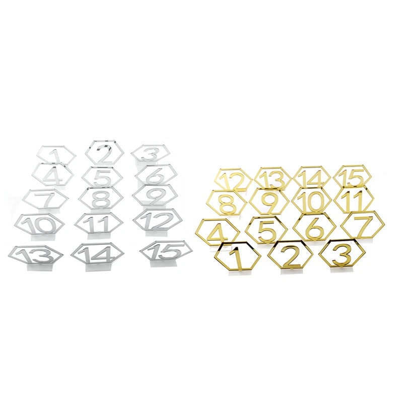 

Mirror Hexagon Hollow Number 1-15 Wedding Seat Table Number Plate Decoration Crafts