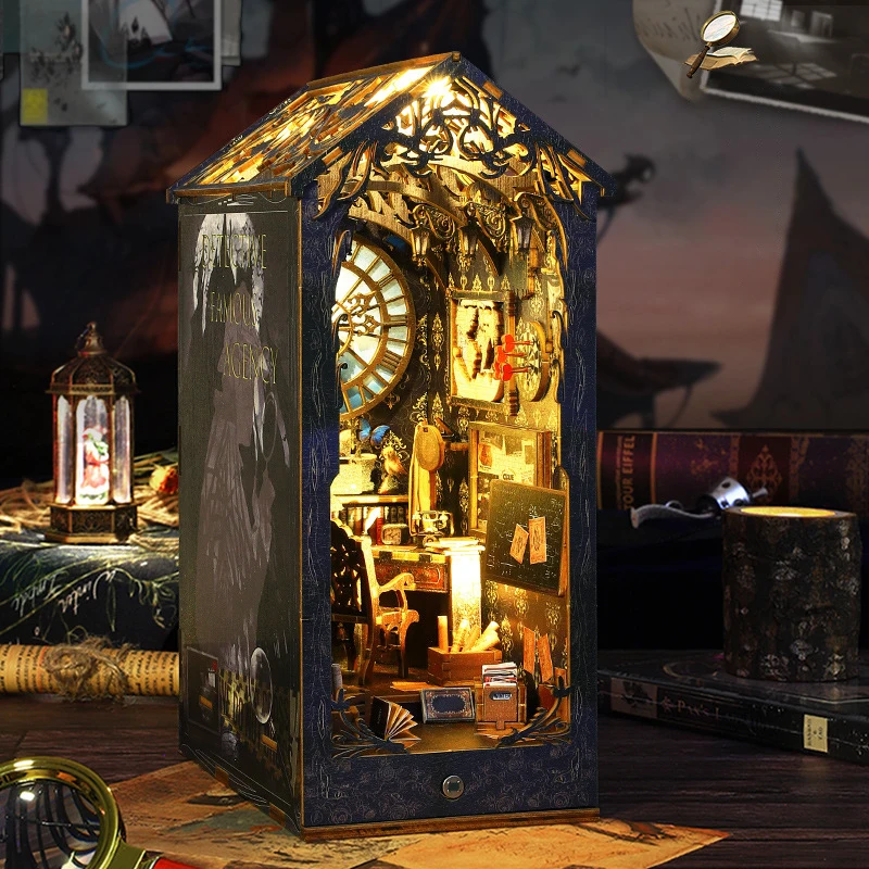 

Retro DIY Wooden Book Nook Shelf Insert Miniatures Kits Vintage Detective Famous Agency Bookends Doll House Bookshelf Home Decor