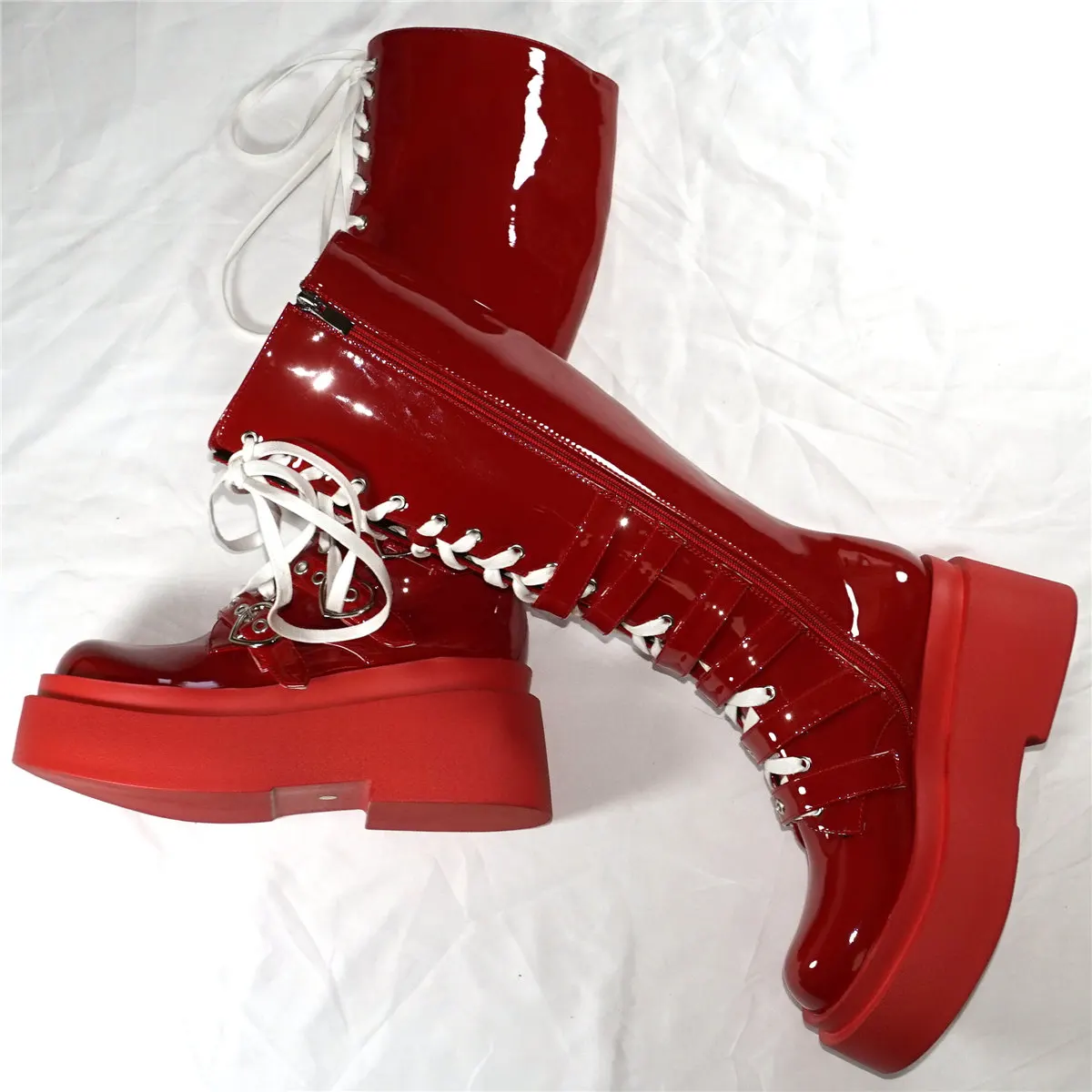 Winter Fashion Sneakers Women Lace Up Patent Leather High Heel Knee High Snow Boots Female Round Toe Platform Pumps Casual Shoes