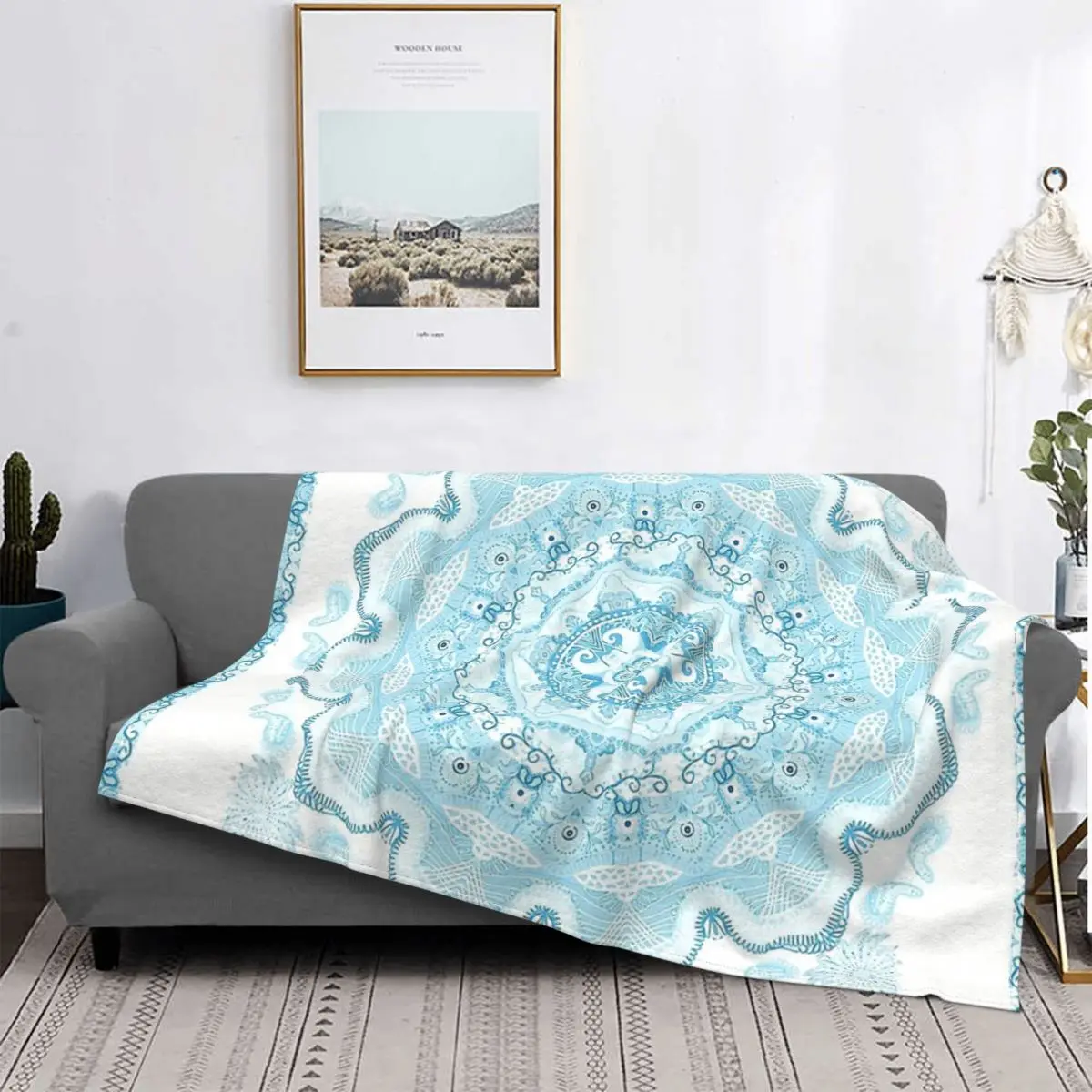 

Mandala Deco Blanket Fleece All Season Blue Flower Art Design Hand Painted Breathable Plaid Throw Blankets For bed Travel