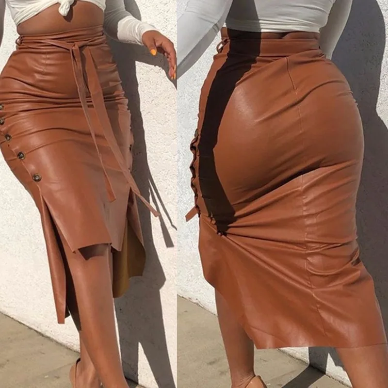 Black PU Leather Skirt Women 2021 New Midi Sexy High Waist Bodycon Split Skirt Office Pencil Skirt Knee Length Plus Size