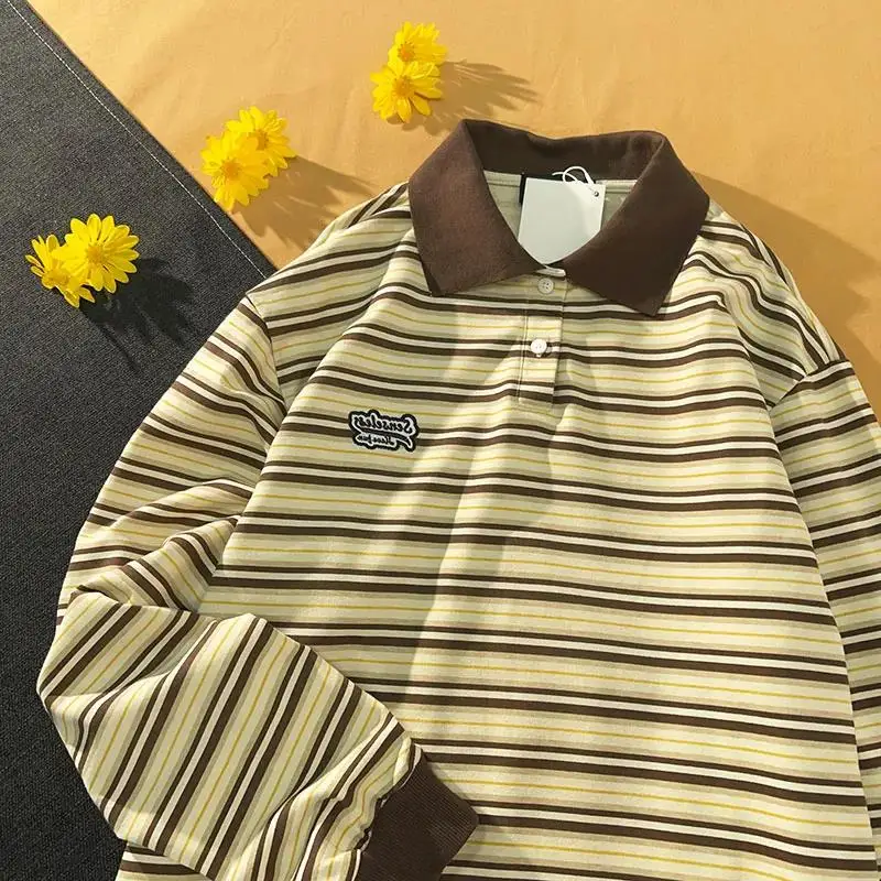 Vintage Green Striped POLO Shirts Sweatshirt Women Harajuku Hip Hop Long Sleeve Tops Casual Teens Clothes 2021 Japanese Fashion | Женская
