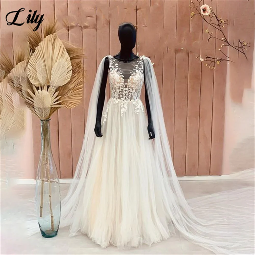 

Lily O Neck Charming Wedding Dress Appliques Lace Elegant Wedding Gown A Line Bridal Dress Sexy Bridal Gown Shawl vestido novia