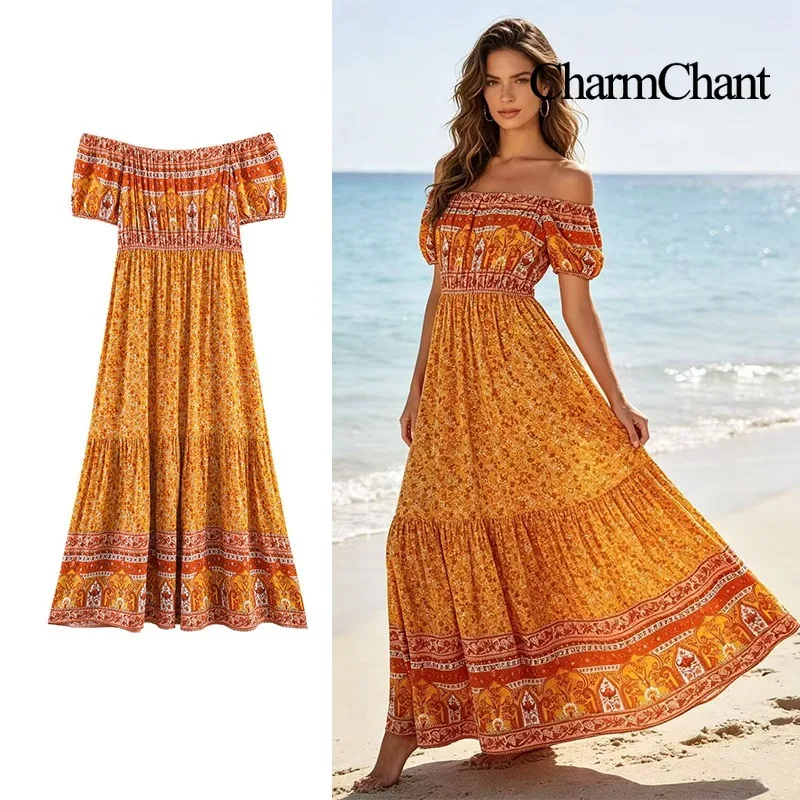 Фото Женское макси-платье CHARMCHANT с открытыми плечами, пышными рукавами, богемным цветочным принтом, многоярусное, с эластичной талией, пляжное, длинное, лето 2026 №1