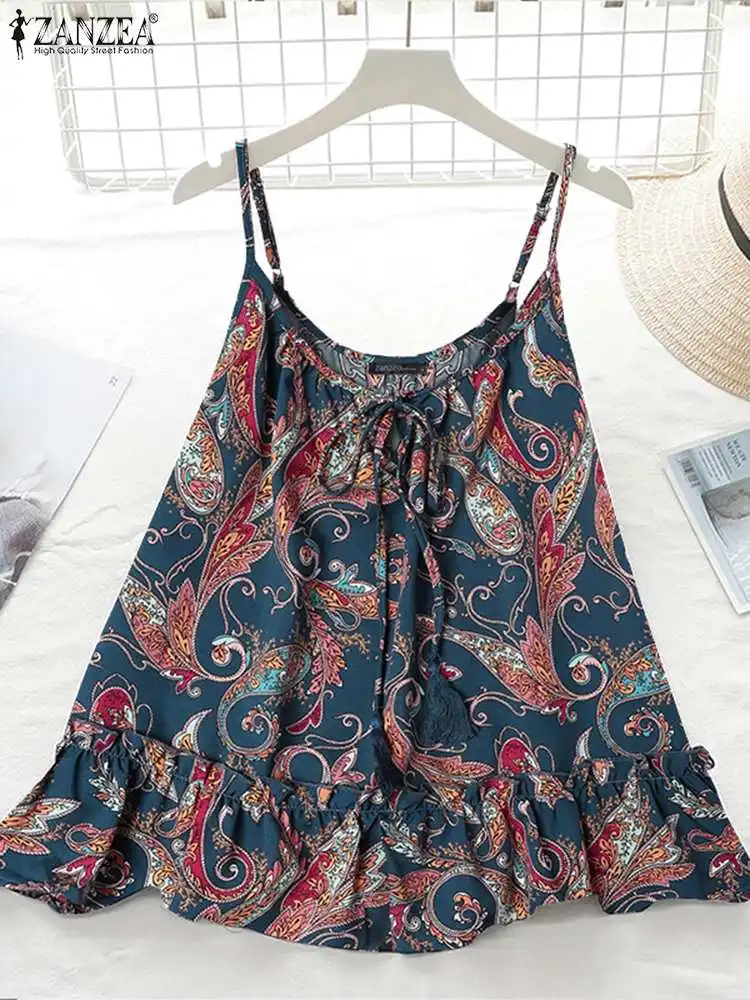 

Summer Bohemian Floral Printed Tanks Tops ZANZEA Women Straps Vintage Camis Party Beach Blouse Casual Ruffles Hem Shirt Chemise