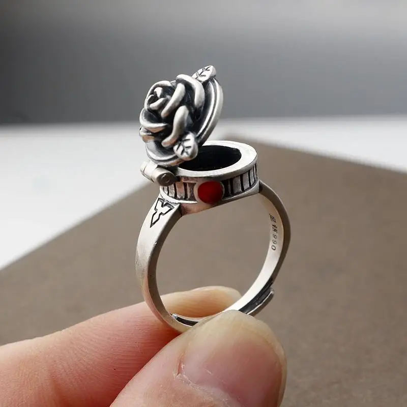 

Vintage Silver Color Rose Flower Adjustable Ring Openable Cover Box Rings Engagement Wedding Ring Anniversary Jewelry Gifts