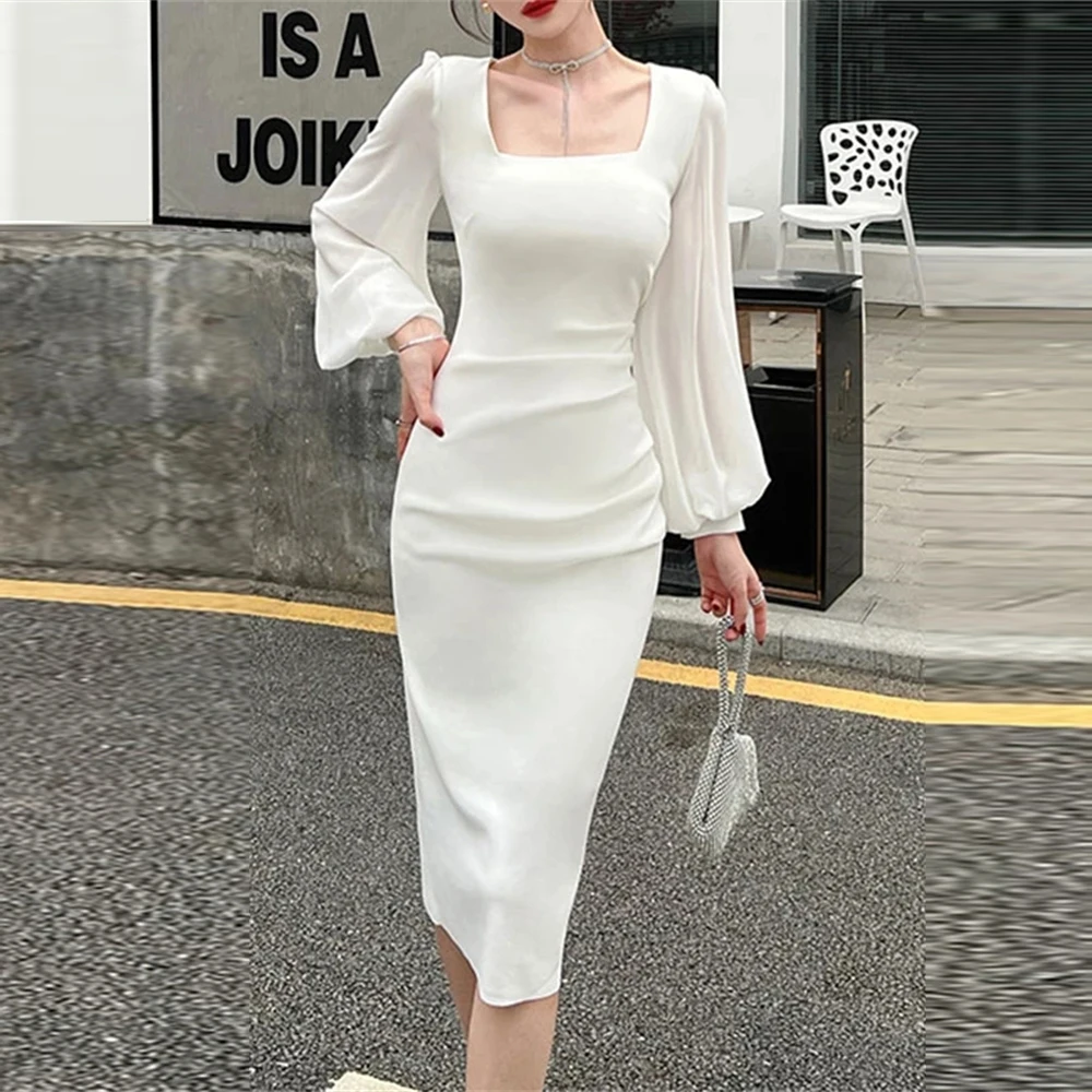 

Женское осеннее Привлекательное платье с квадратным вырезом, элегантное офисное платье-футляр с длинным рукавом-фонариком, женские платья, белые плиссированные облегающие платья