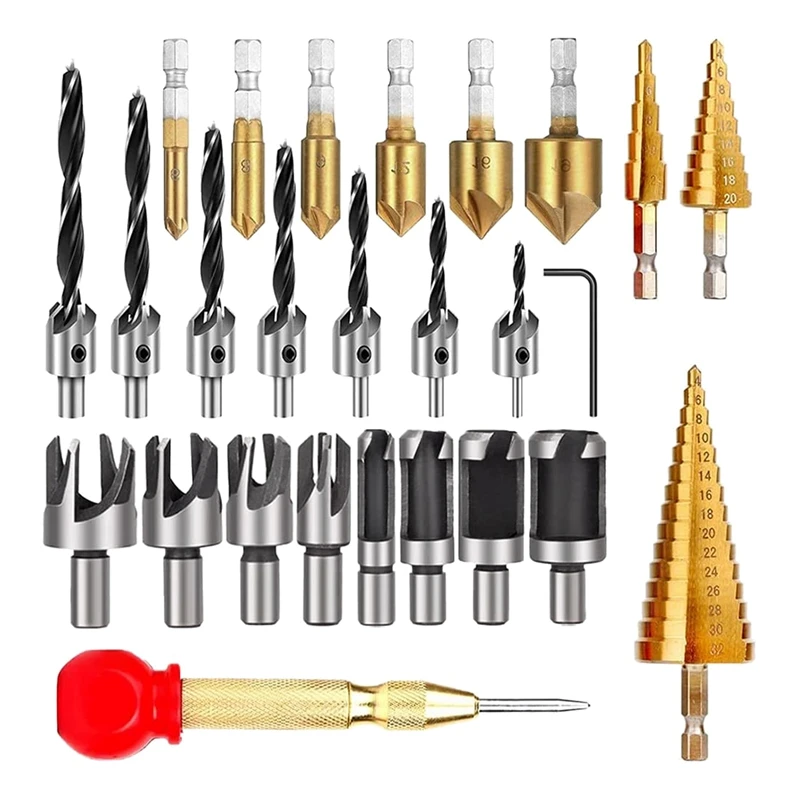 

Hot HG-26-Pack Woodworking Chamfer Drilling Tools Drill Bits Set Wood Plug Cutter Three Pointed Countersink Drill Bits