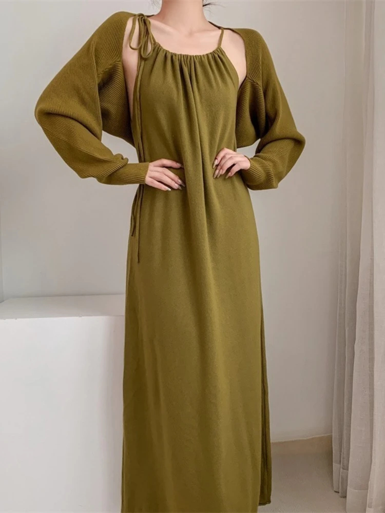 

Вязаное платье, комплект из двух предметов, Осень-зима, шикарная элегантная женская одежда, новый свитер, Кардиган с длинным рукавом, халат, повседневная одежда