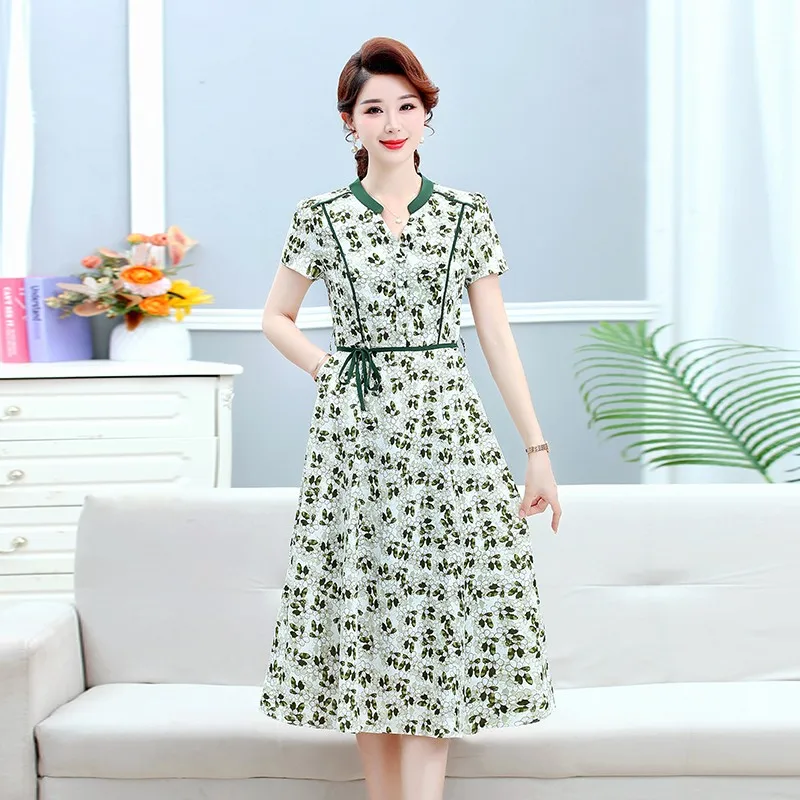 

Chiffon Dress Women Short sleeve Elegant Big Swing Spring Dresses Slim With Belt A-line Dresses For Women Party Vestidos