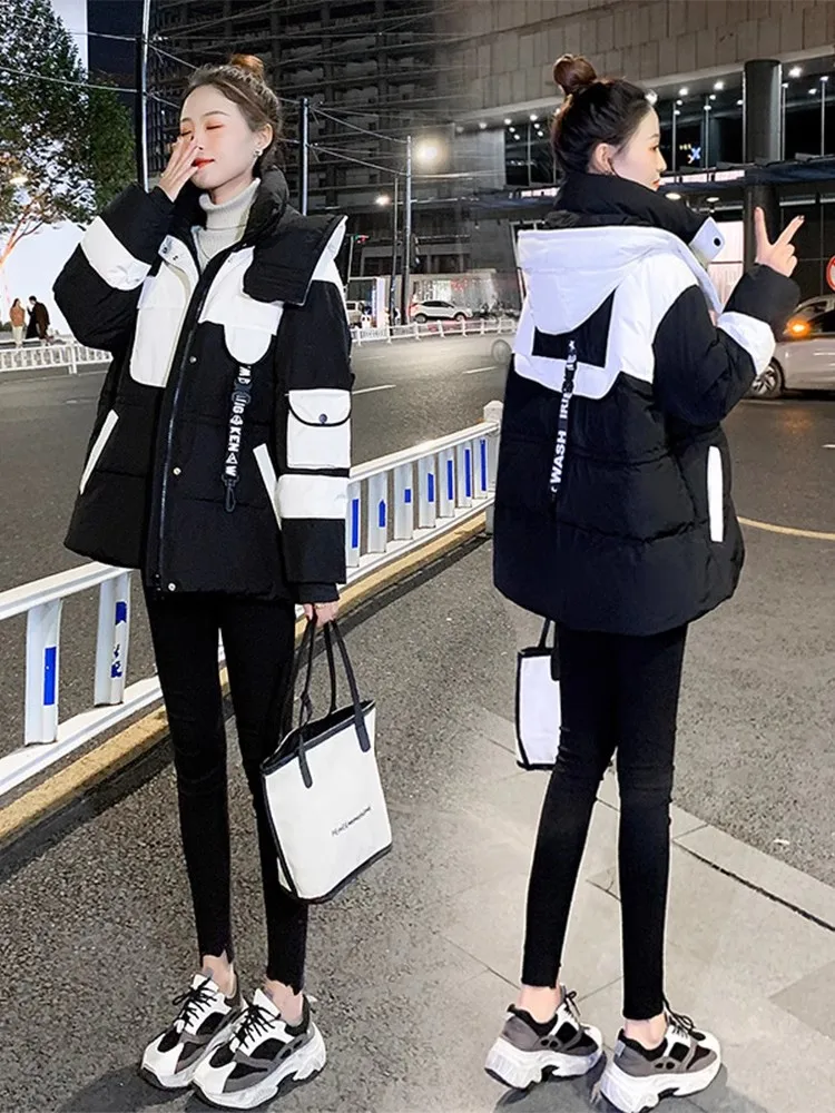Down Jacket Cotton-padded Clothes Women Winter 2024 New Korean Fashion Casual Mid-Length Hood Black Thickened Cotton-Padded J...