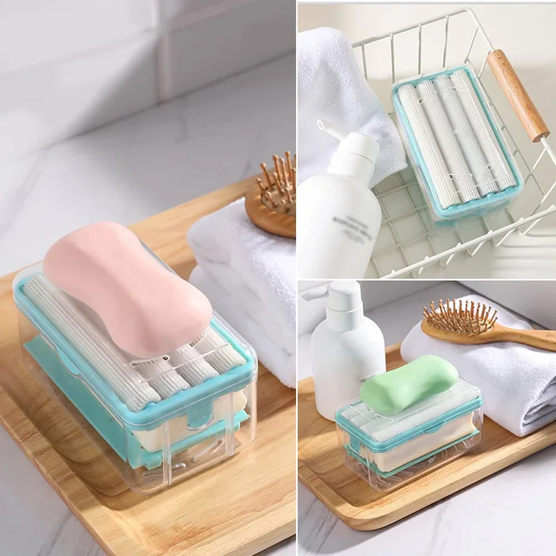 

Multifunctional Soap Dish, Free Hand Rub Foaming Soap Dish with Lid Travel Box Container Holder Bathroom Laundry