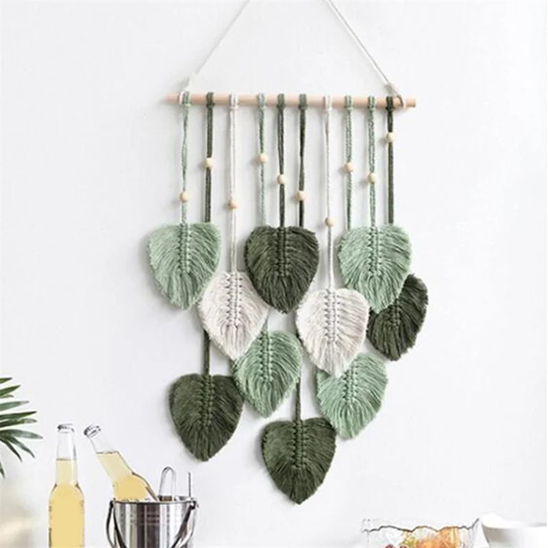 

Плетеные листья с кисточками, украшение на стену, макраме в стиле бохо, пряжа ручной работы, перо, аксессуары для дома, гостиной, Декор