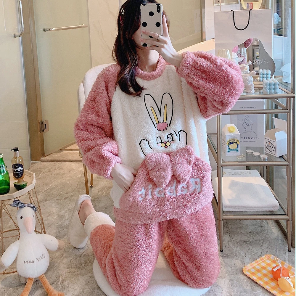Cute Thick Warm Pajamas Sets Womens Girls Sweet Pink Rabbit Coral Fleece Sleepwear Winter Kawaii Home Clothes Pyjamas Suit 2PCS