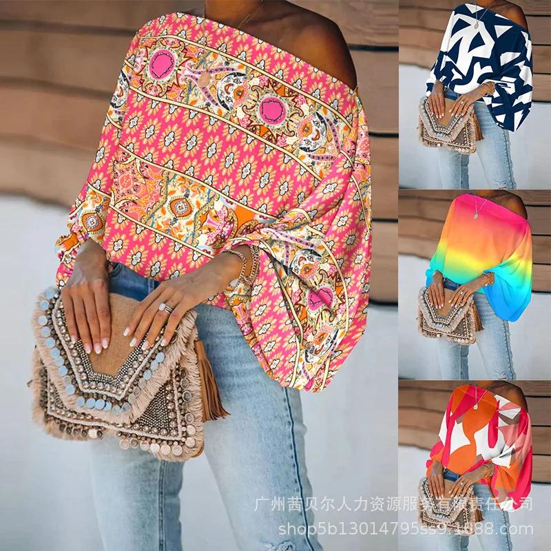 

Loose Fashion Casual Tops T Shirt Tribal Print Skew Neck Lantern Sleeve Top Summer Casual
