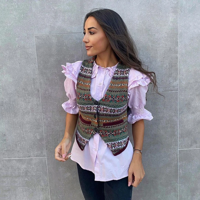 Woman Vintage Vest New Bohemian Style Women's Jacquard Knitted Vest Cardigan Top Women's Clothing 2021 Autumn and Winter Clothes
