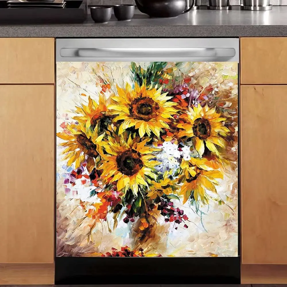 

Awak Sunflower Oil Art Kitchen Dishwasher for Metal Washer,Floral Painting Refrigerator Sticker Sunshine Magnetic Fridge Door