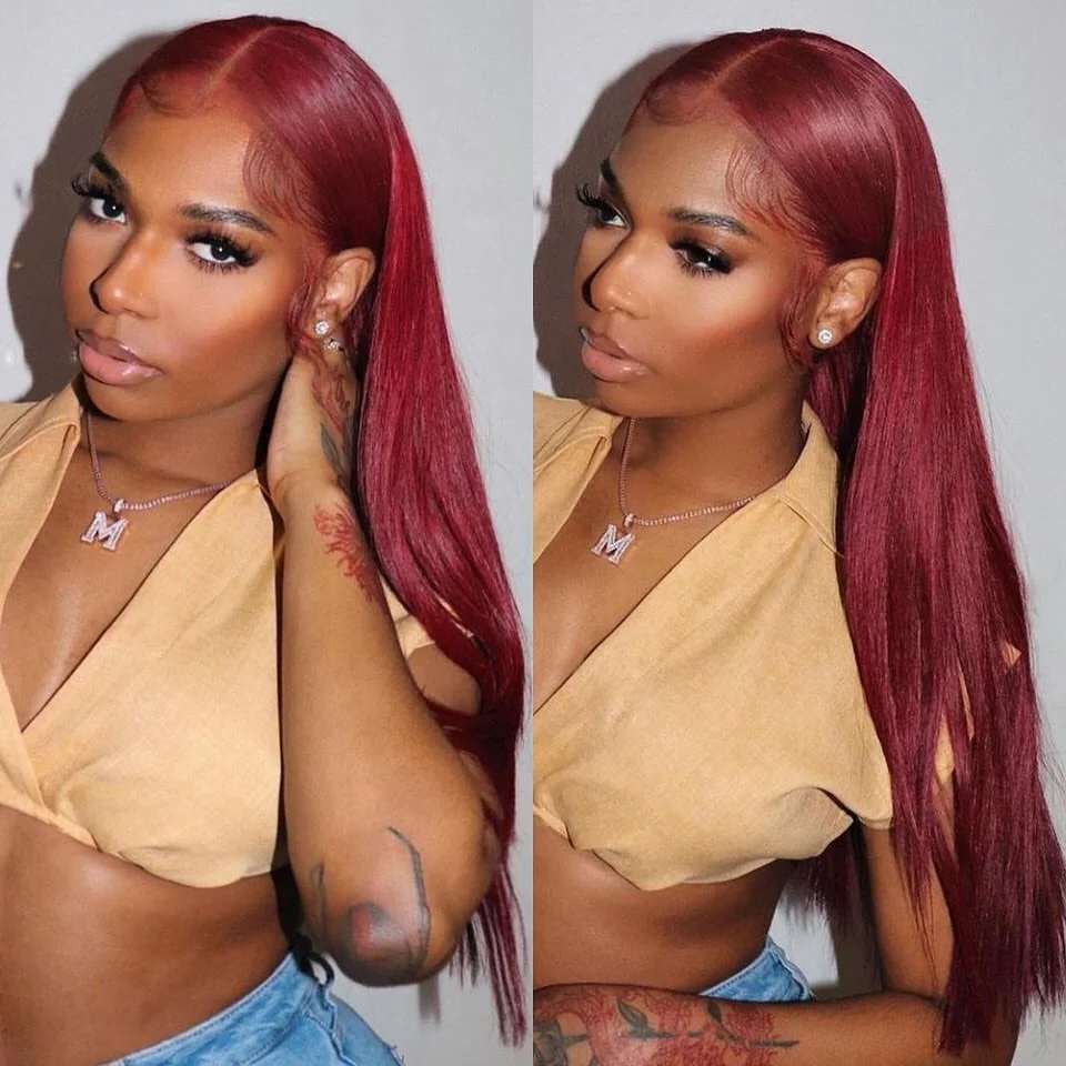99J Burgundy Straight 13x4 Lace Front Human Hair Wig for Women Straight Lace Frontal Wig Pre Plucked with Baby Hair Brazilian