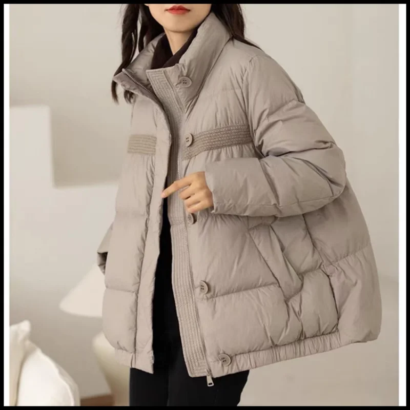 Down Jacket Women Winter Stand Collar Loose Fashion Stitching White Duck Down Warm Coat Outwear