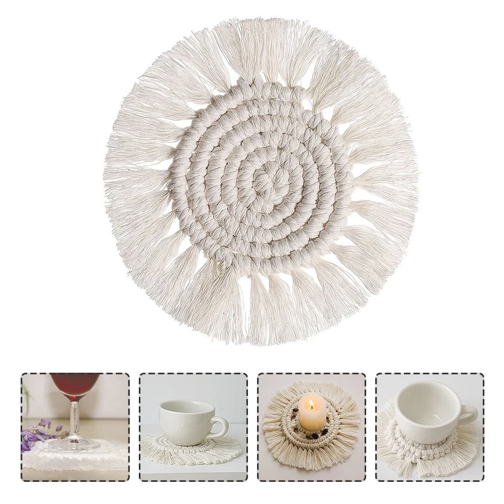 

Woven Cup Coaster Round Cup Mat Heat Insulation Cup Mat Cotton Tassel Coaster