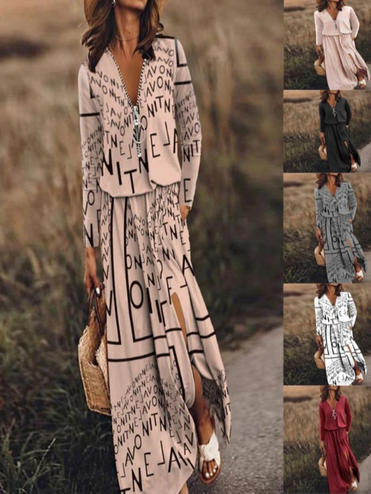 

Женское длинное платье на молнии, повседневное винтажное платье для отпуска с V-образным вырезом, длинным рукавом и принтом букв, весна-лето 2023