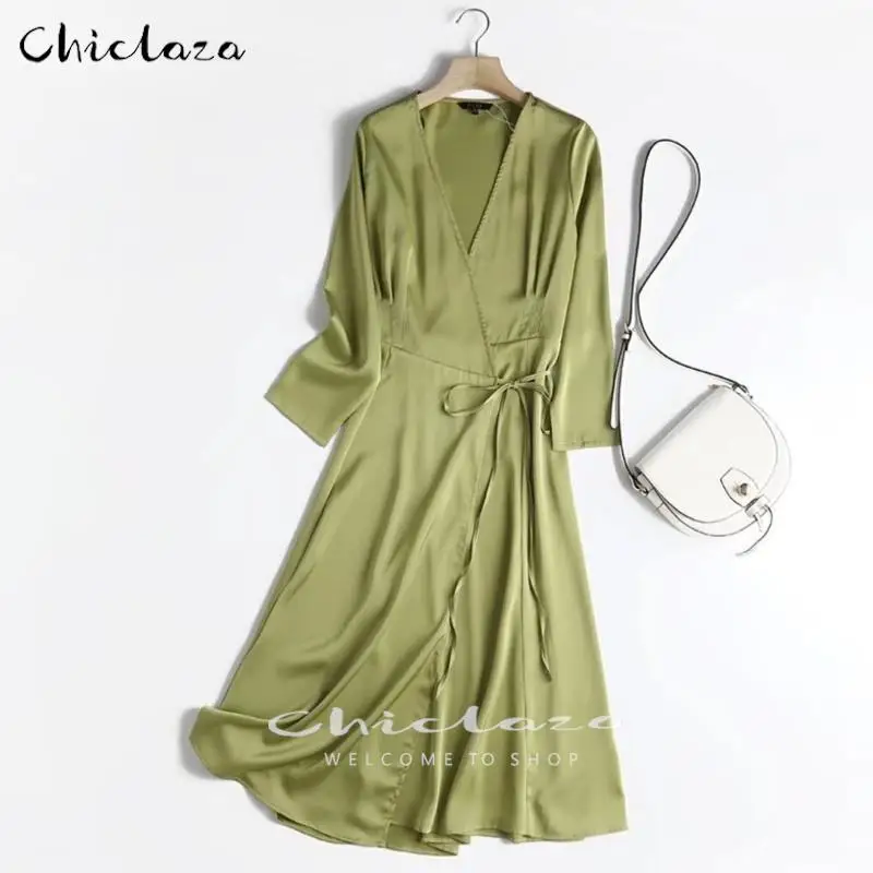 CHICLAZA Women 2022 Spring Autumn Vintage Green Satin V-Neck Lacing party Dress Casual Long Sleeve Office Midi Dresses Ladies