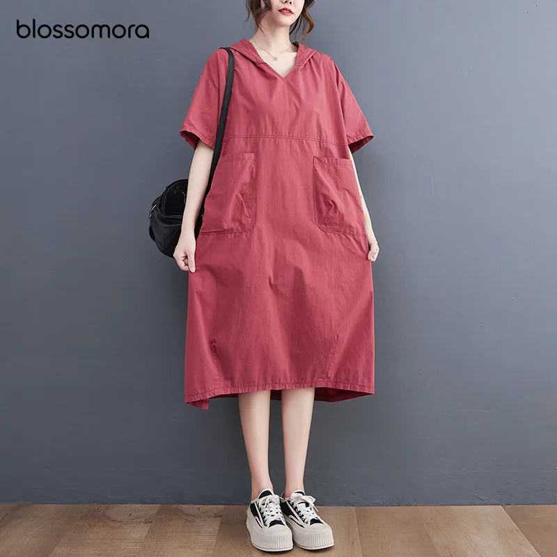 

Blossomora Korean Solid Loose Pocket Hooded Midi Dress Casual V-neck Short Sleeve Vintage Fashion Summer Vestidos for Women 2022