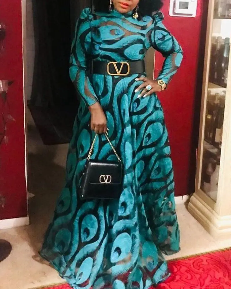 

2022 Fashion Women New High Street Style Long Dress Long Sleeve High Collar Dress Printed Lady Floor Length Dress