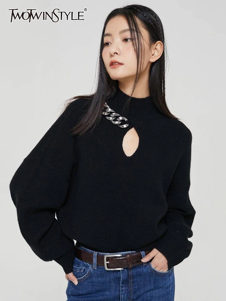 

TWOTWINSTYLE Slim Knitting Sweaters For Women Turtleneck Long Sleeve Hollow Out Patchwork Chain Pullover Sweater Female Autumn
