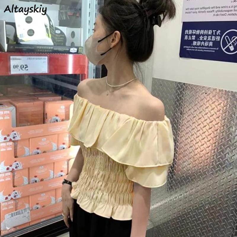 

New Slash Neck Blouses Women Literary Temperament Ruffles Casual Female Fashion Sweet Summer Korean Style Slim Tops All-match