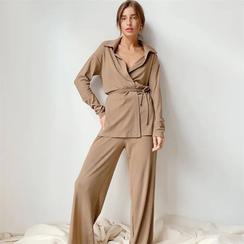 

2022 Spring Solid Women Robes With Sashes 2 Piece Set Sleep Tops Loose Pants Pajamas Casual Sleepwear Female Home Suits