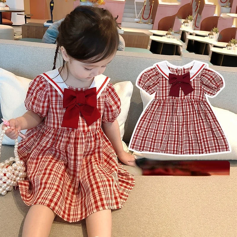 

Summer Kids Girls Dress Red Plaid Short Sleeve Bow Cute Baby Kids Dress 1-6 Years Old