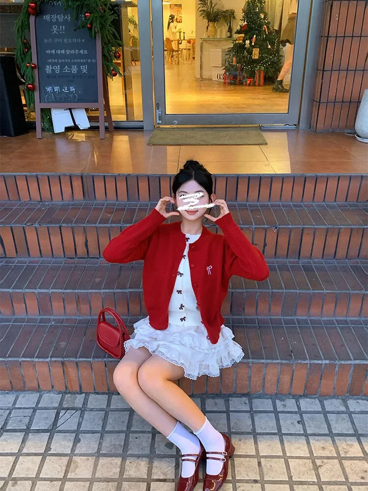 Red Christmas New Year Wear Bows Knitting Cardigan Women's Clothes Fall and Winter Arrival Fake Two-Piece round Neck Long...