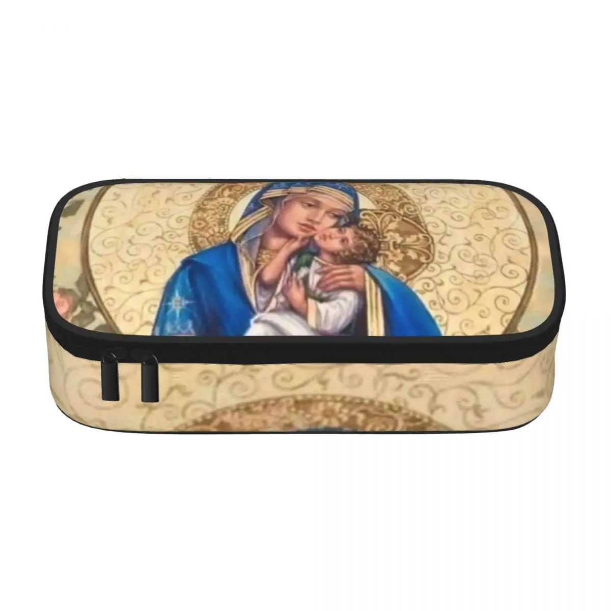 Virgin Mary Print Pencil Case Mother of God Retro Large Capacity Zipper Pencil Box Stationery For Teens Pen Bag