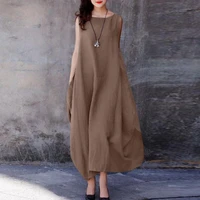 women dress solid color sleeveless pockets side pleats summer loose fitting long dress for beach