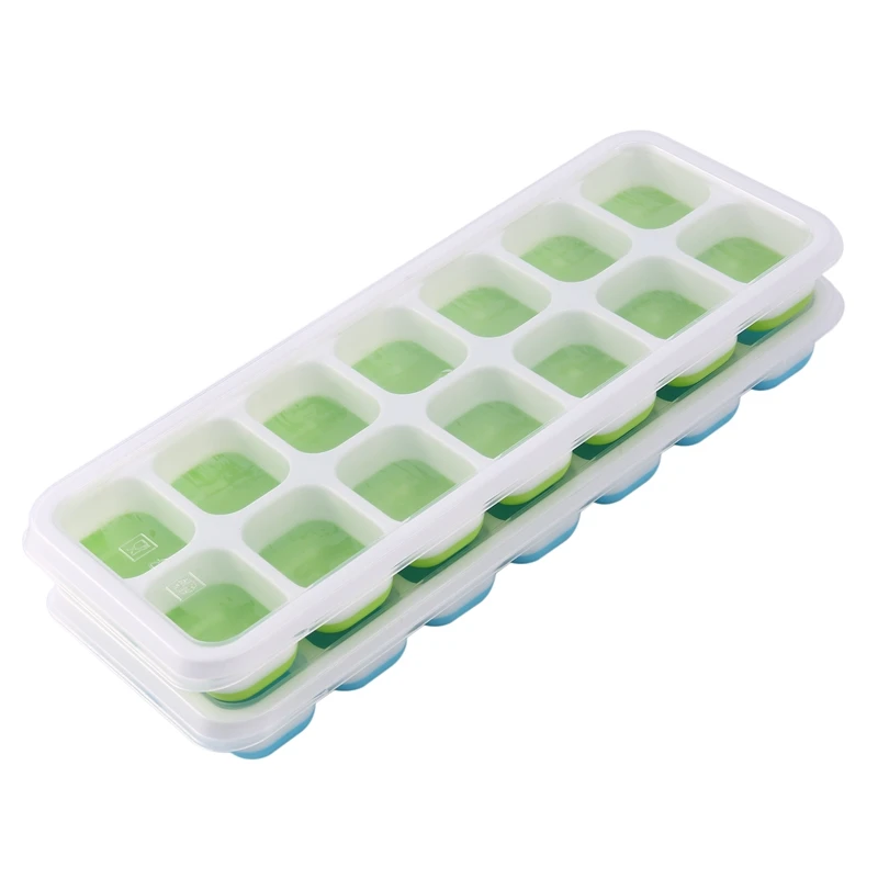 

Ice Square Trays 2 Pack, Easy-Release Silicone And Flexible 14-Ice Trays With Spill-Resistant Removable Lid, Stackable Durable A