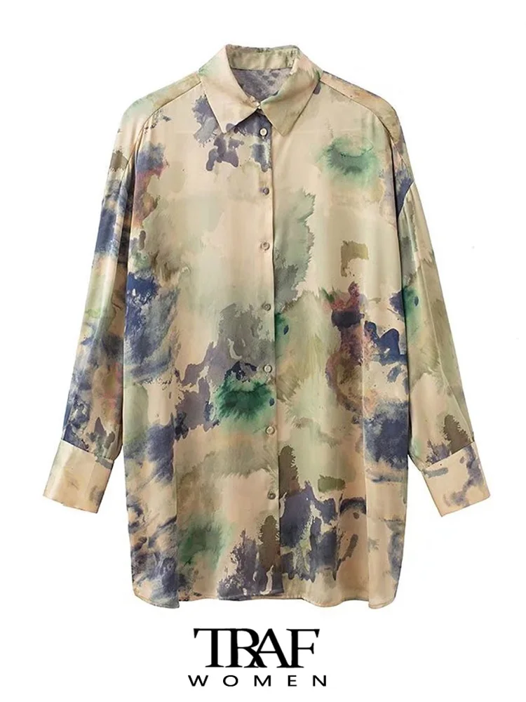 

TRAF Women Fashion Soft Touch Printed Oversized Shirts Vintage Long Sleeve Front Covered Buttons Female Blouses Chic Tops