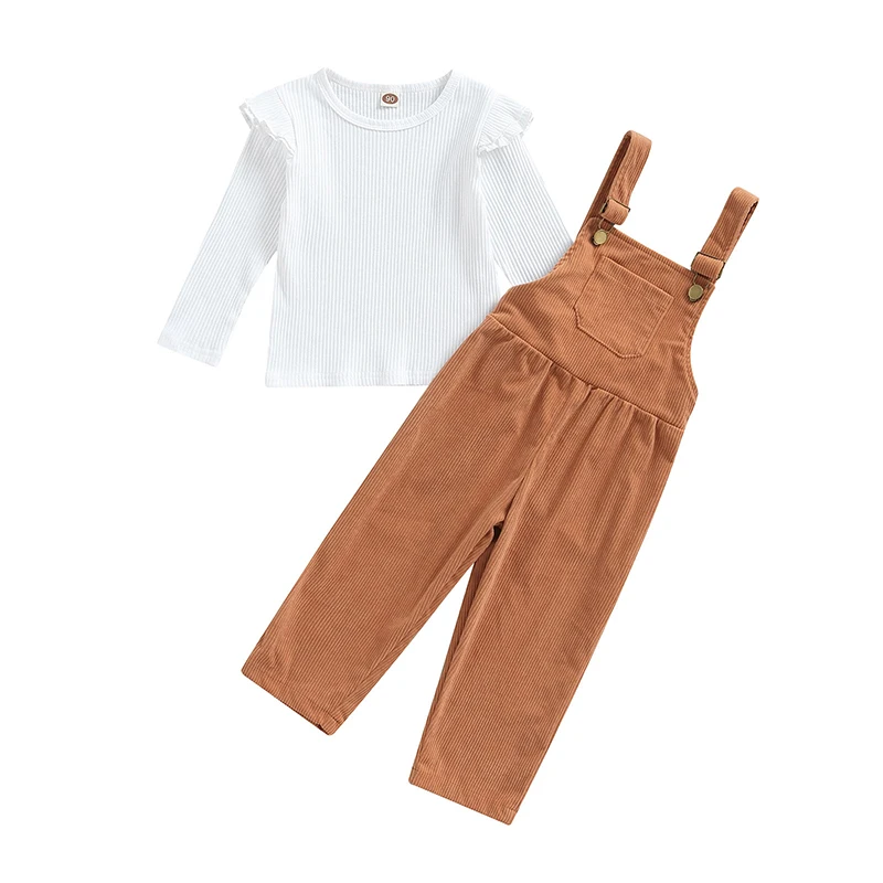 

Little Girls 2Pcs Outfits 1-6Years Kids Toddler Solid Color Long Sleeve Round Neck Ruffles Tops +Suspender Style Pocket Trousers
