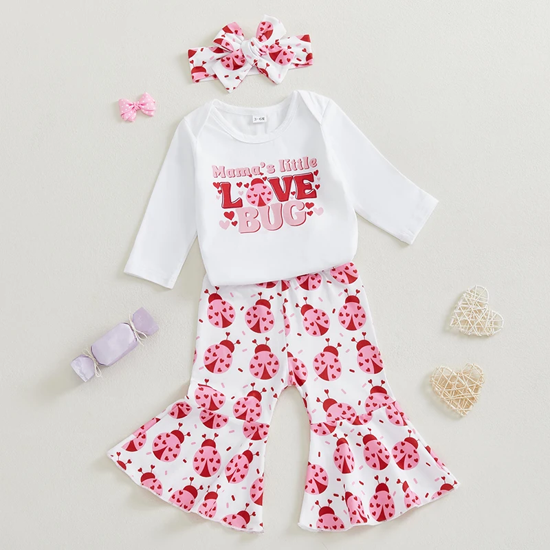 Baby Girls 3PCS Pants Sets Long Sleeve O Neck Romper Ladybug Bow Print Headband