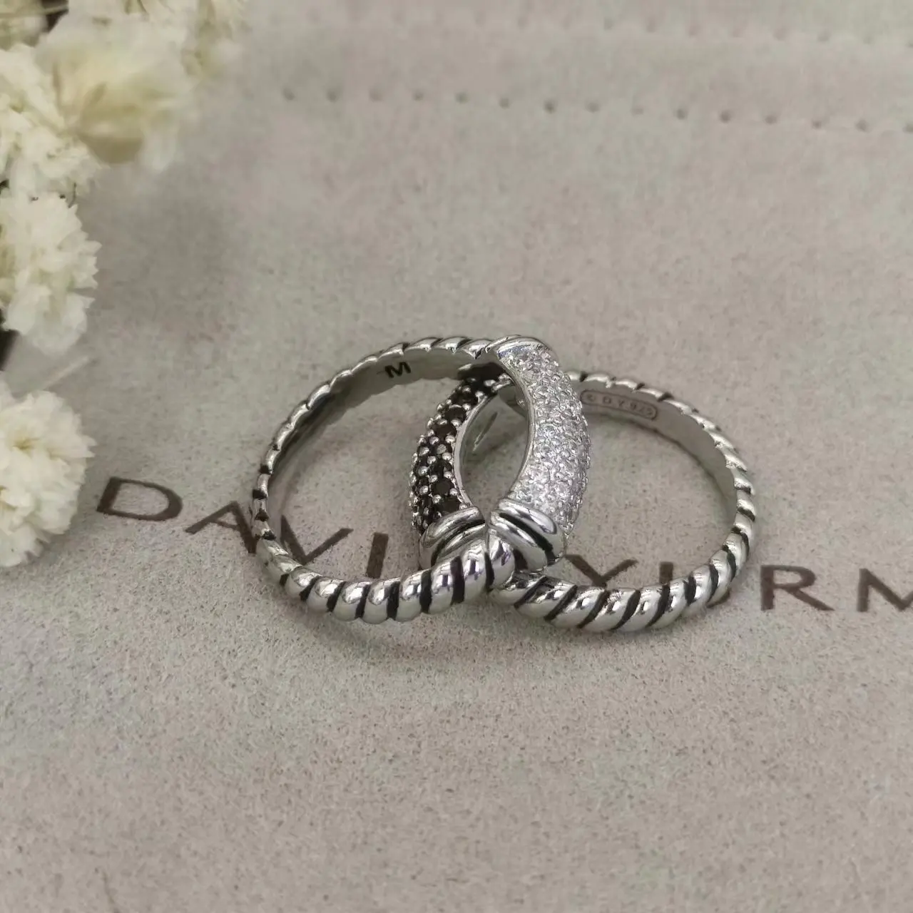 David Yurman Rings Cable Collectibles Twisted Line Black White Stone Stack in Sterling Silver with Pavé Diamonds