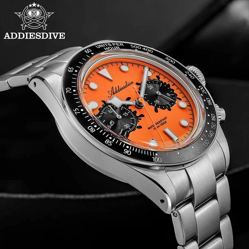 Фото Новые мужские часы ADDIESDIVE с хронографом VK64, роскошные кварцевые наручные часы с люминесцентным керамическим безелем, стеклом Bubble Glass, водонепроницаемостью до 100 м. №2