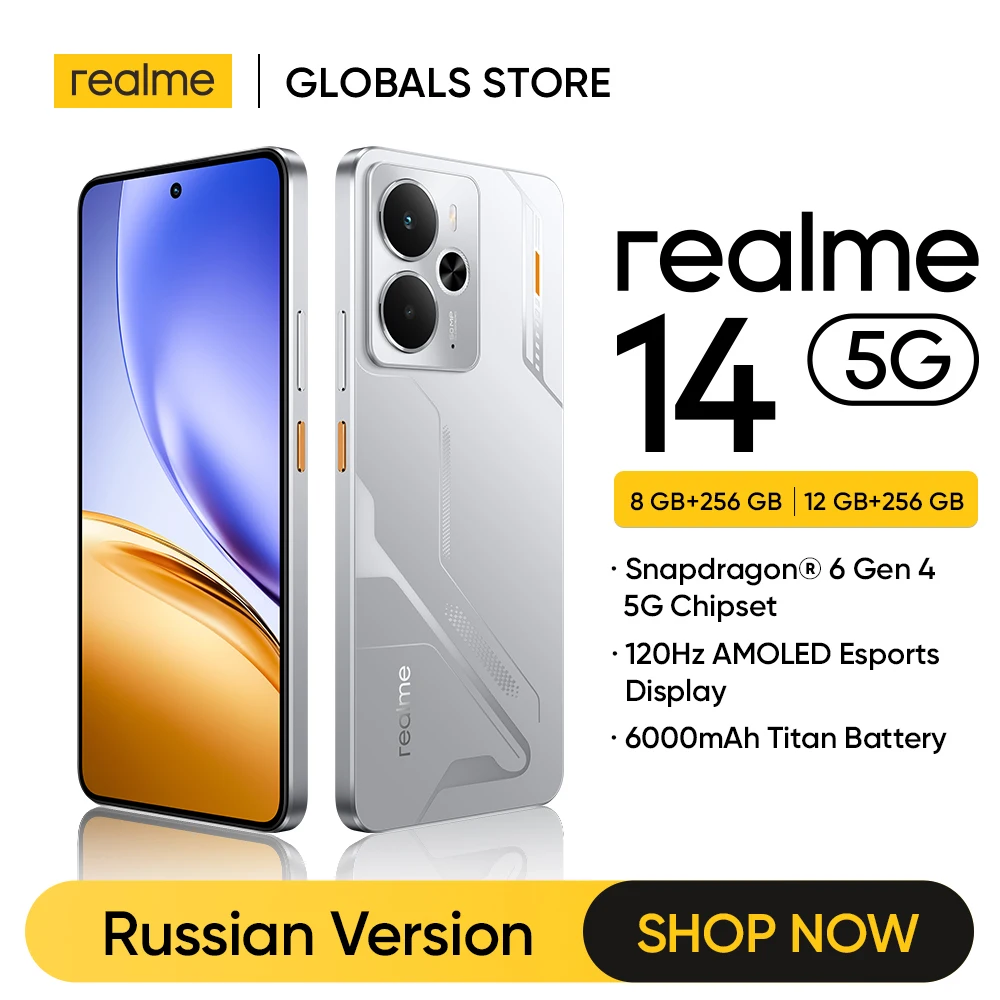 Фото [Новинка 2022 года] Смартфон Realme 14 5G Snapdragon ®   Чипсет 6, поколения 4, AMOLED-дисплей, 120 Гц, аккумулятор 6000 мАч, зарядка 45 Вт, NFC (бесплатный чехол)) №1