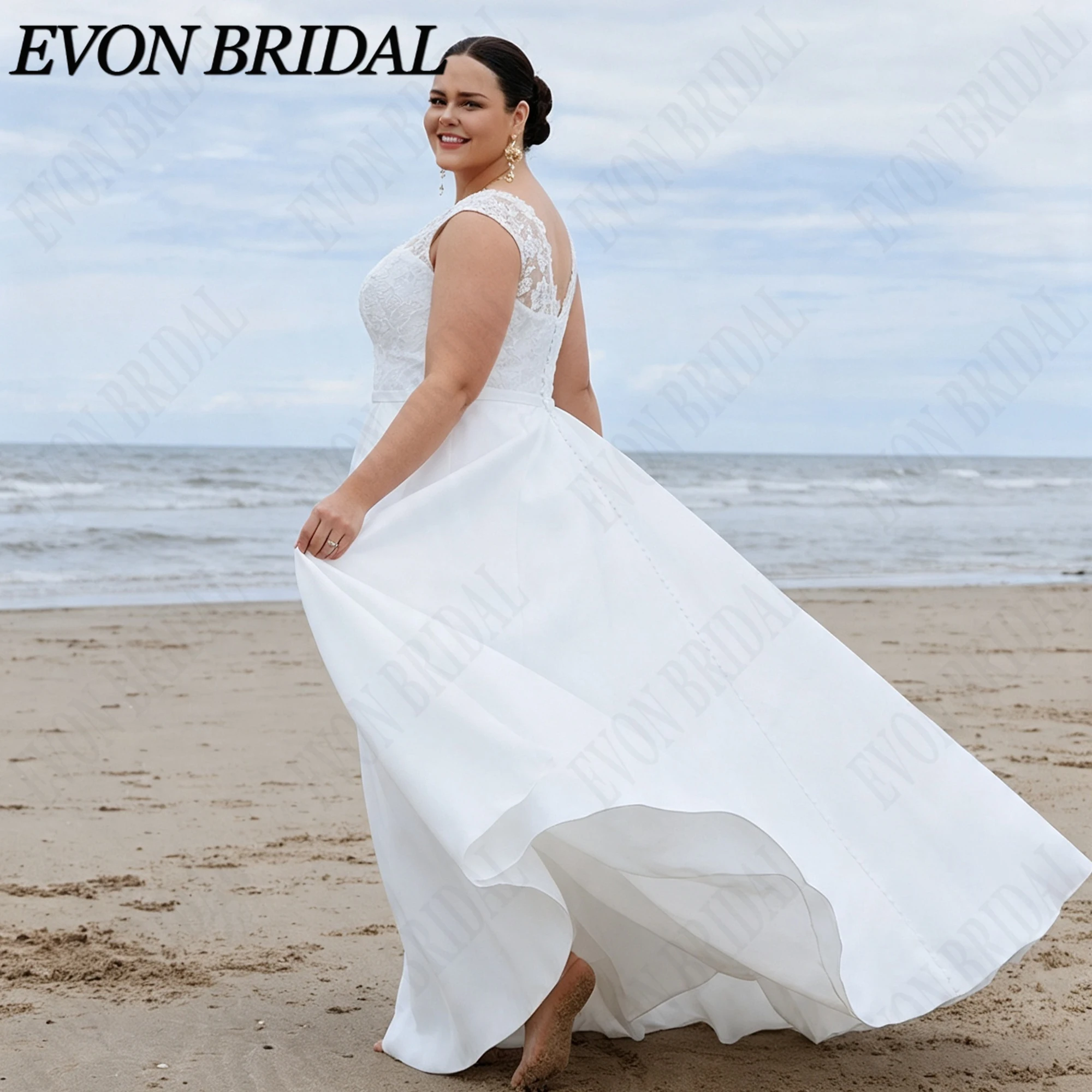 Фото EVON BRIDAL Свадебное Платье Большие Размеры Тонкие Бретельки Кружевные Аппликации Атлас Классический А-силуэт Спина В Пол Шлейф На Заказ Для Пышных Женщин Свадьба Церковь Элегантное Праздник №5