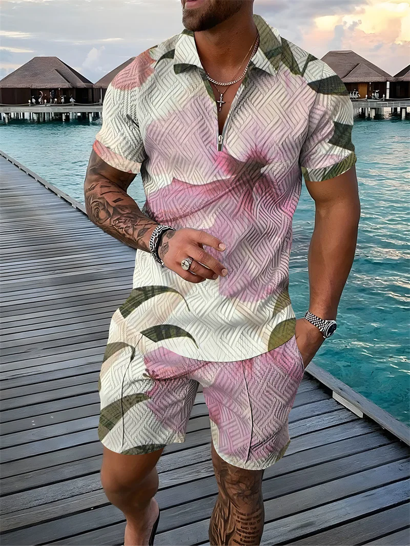 2023 Men's Short Sleeve Shorts Set Flower 3d Print Fashion Lapel Zipper Loose POLO Short Sleeve Two-piece Size S-3XL