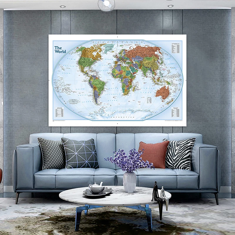 

225*150cm The World Political Map with Details Large Poster Retro Non-woven Canvas Painting Classroom Home Decor School Supplies