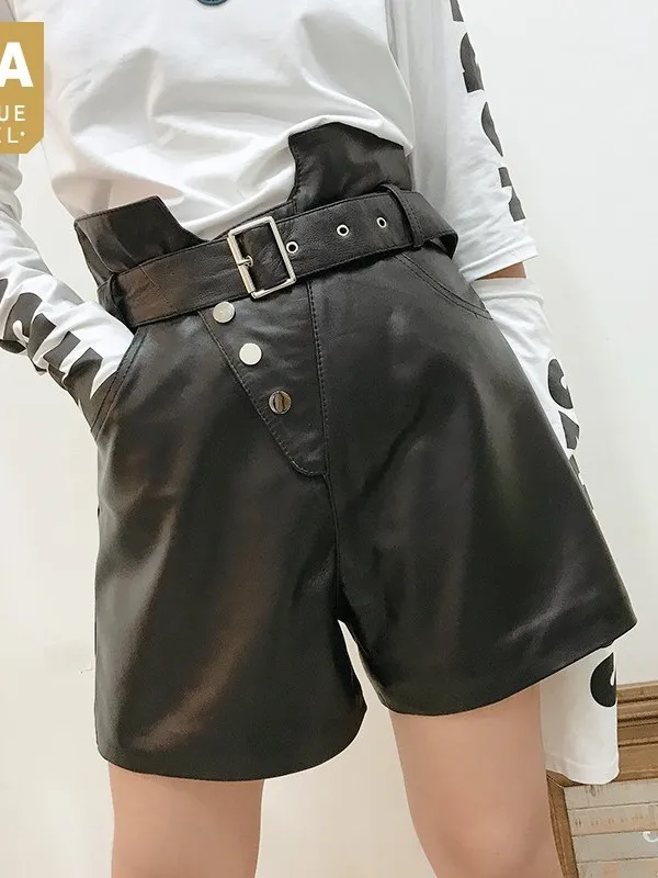 

Leather Real Street Shorts 100% Women Autumn High Waist Slim Office Lady Shorts Fashion Sashes Sheepskin Wide Leg Shorts S-3XL