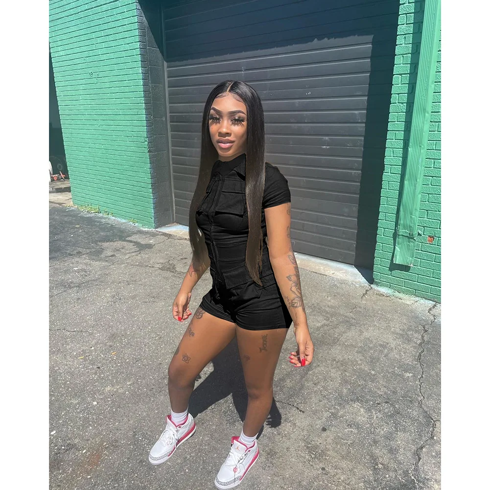 2023 Women Solid Cargo Playsuits Fashion Casual Romper Summer Turn Down Collar Short Sleeve Zip Up Multi Pocket Shorts Jumpsuit