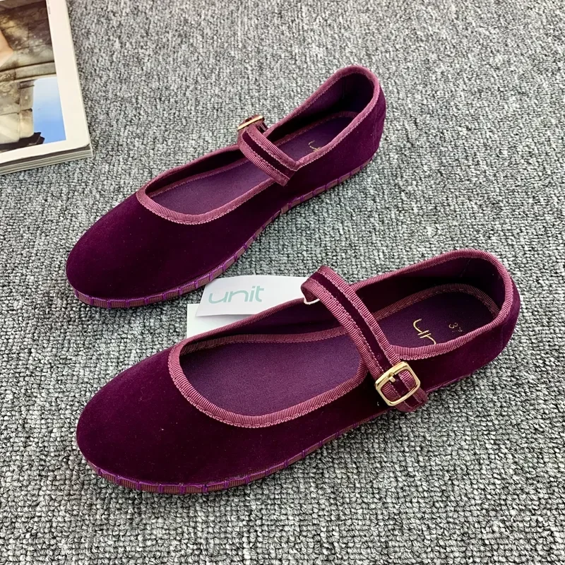 

2023 New Autumn Winter Black Purple Velvet Silk Flats Women Shoes korea Flats Fashion Mary Jane Shoes Round Toe Women's Shoes