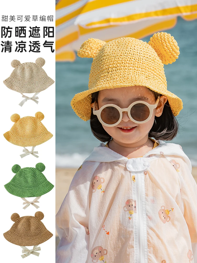 

Girls Cartoon Cute Fisherman Hat Summer New Strap Sunscreen Big Brim Baby All-Match Woven Hat