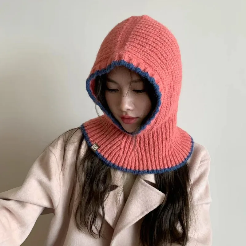 

Dopamine Sweet Balaclava Hats for Women Winter Warm Personality Contrasting Color Edge Seal One-piece Scarf Knitted Beanies Cap